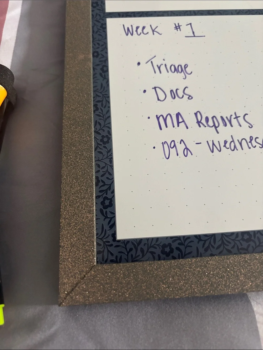 Magnetic Weekly Planning Whiteboard - grey w/sparkles Frame w/ dry erase markers